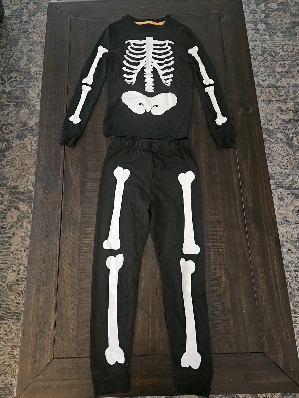 Kids Black Skeleton Pajama Costume Set - White Bone Print